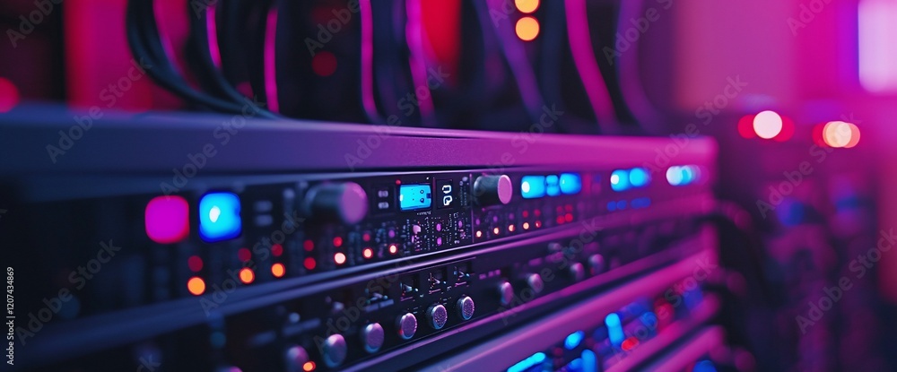 Close-up of audio mixing console with illuminated controls. Close-up of audio mixing console with illuminated controls.