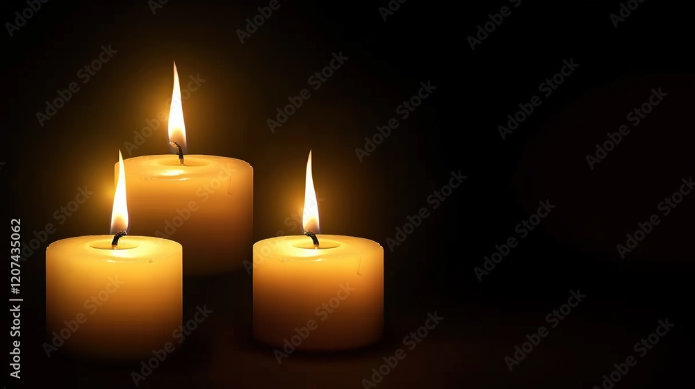 Three burning candles on a black background, casting soft light and shadow to illuminate the darkness. Yellowish-white candle flames emit warmth, symbolizing mystery, quietness, and solemnity in an op Three burning candles on a black background, casting soft light and shadow to illuminate the darkness. Yellowish-white candle flames emit warmth, symbolizing mystery, quietness, and solemnity in an op