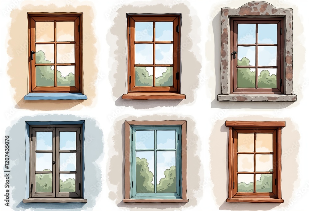 Transparent Watercolor Windows: Simple, Open, Different Styles, Soft Colors, Used Texture, No Background, Individual Elements, Minimalist Design, Vector Art.
Transparent Watercolor Windows: Simple, Open, Different Styles, Soft Colors, Used Texture, No Background, Individual Elements, Minimalist Design, Vector Art.