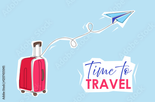 Sticker of suitcase, paper plan and lettering in linear art style. Continuous one line drawing. Single line drawing of red case, luggage bag, paper plane. Banner with stickers. Editable stroke vector