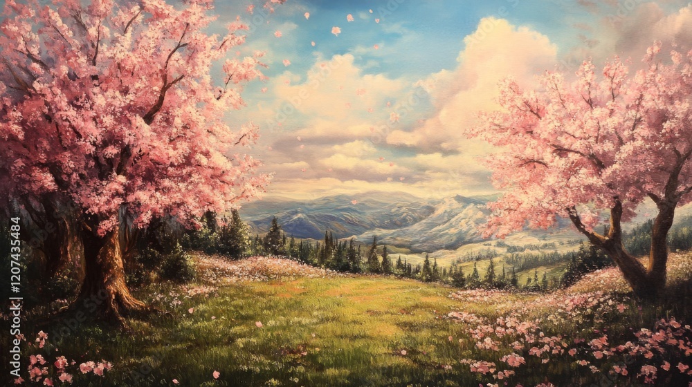 Serene Spring Landscape with Cherry Blossoms and Mountain View Serene Spring Landscape with Cherry Blossoms and Mountain View