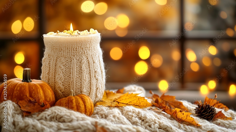 Cozy autumn scene with candle, pumpkins, and leaves. Cozy autumn scene with candle, pumpkins, and leaves.