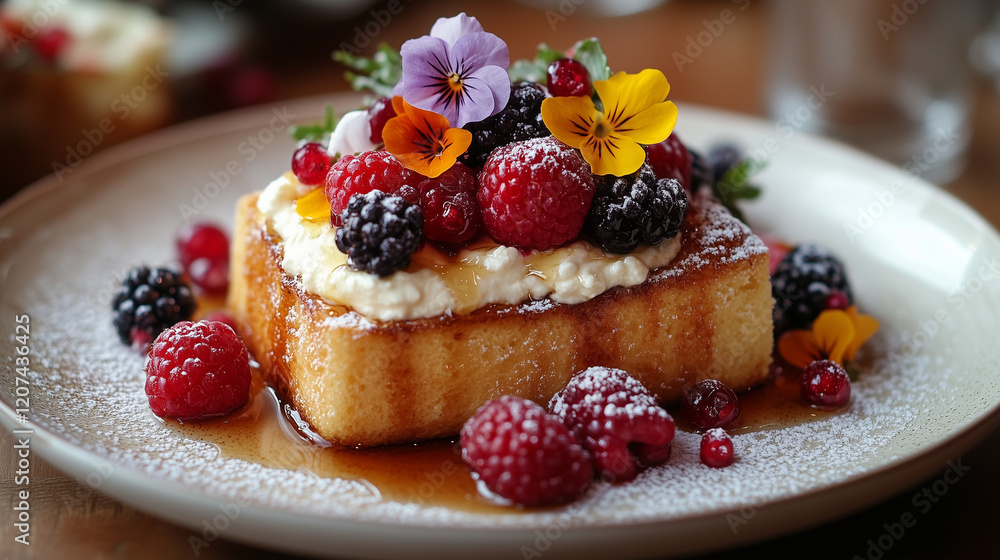 Brioche French toast topped with fresh berries and syrup Brioche French toast topped with fresh berries and syrup