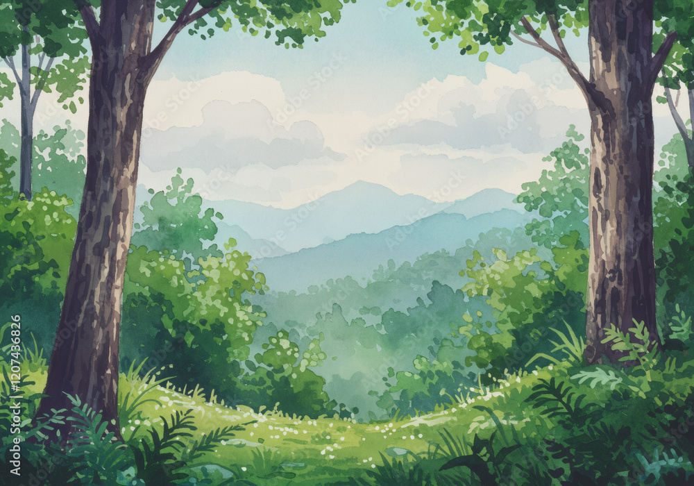 Forest glade opening with view over lush green mountain valley Forest glade opening with view over lush green mountain valley