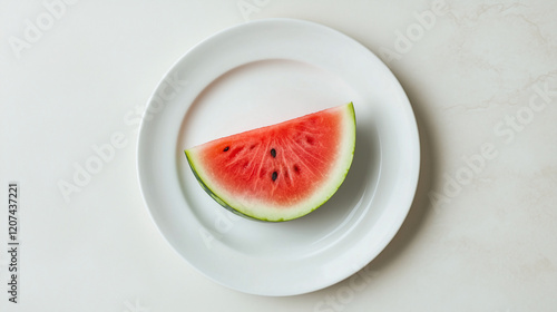 A clean, white plate with one slice of watermelon, 