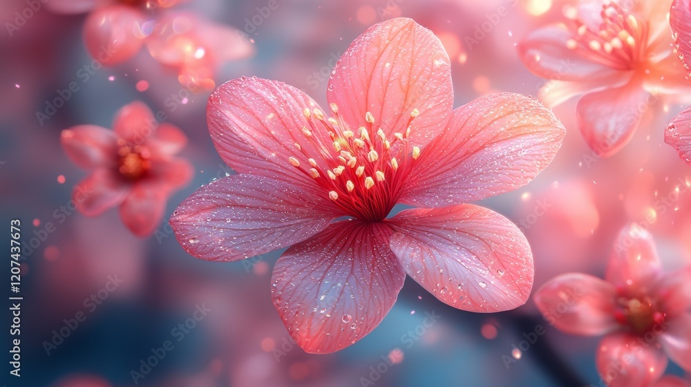 Fototapeta premium Pink Blossom in Dew with Soft Focus