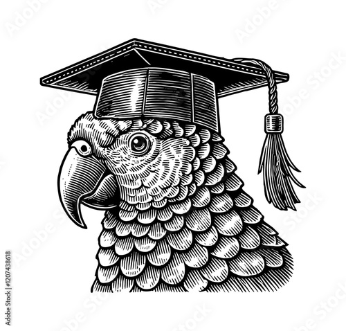 parrot graduate hat engraving black and white outline