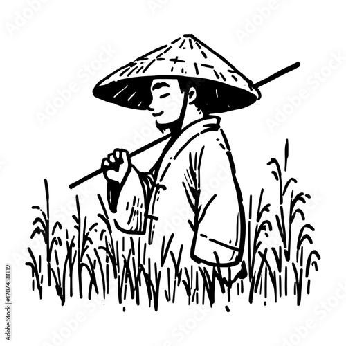 asian farmer working in rice field vector illustration