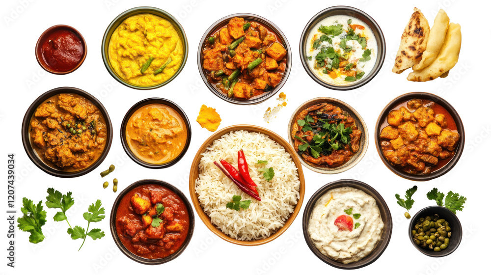 An array of delicious Indian dishes including curries, rice, naan, and sauces, presented beautifully on a white background. An array of delicious Indian dishes including curries, rice, naan, and sauces, presented beautifully on a white background.