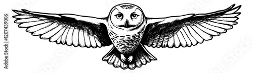 snowy owl fly engraving black and white outline