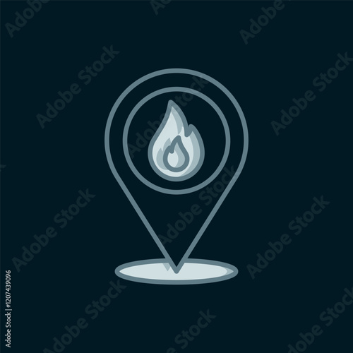 Line Map pointer with fire flame icon isolated on black background. Fire nearby. Flat filled outline style with shadow. Vector