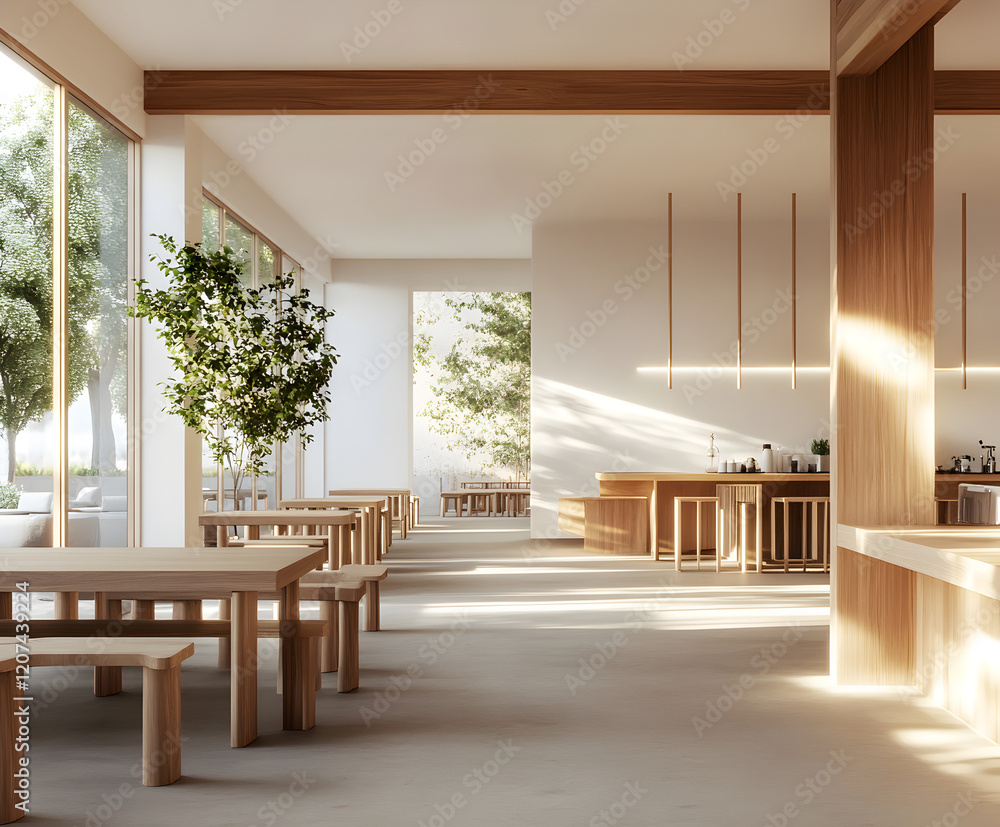 Elegant coworking space concept with modern wooden decor, open layout, and spacious interior flooded with natural light (2) Elegant coworking space concept with modern wooden decor, open layout, and spacious interior flooded with natural light (2)