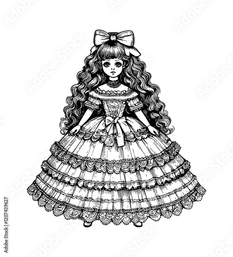 doll with curly hair, wearing a frilly dress with multiple layers, standing upright. The doll has an old-fashioned