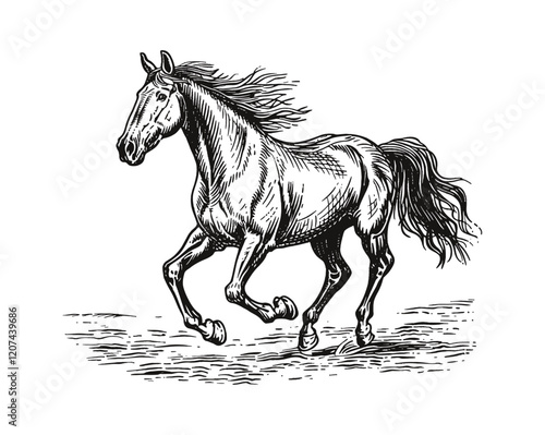 horse running prancing engraving black and white outline