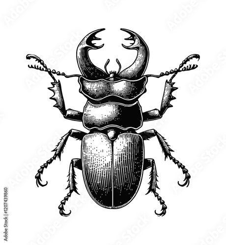stag beetle engraving black and white outline