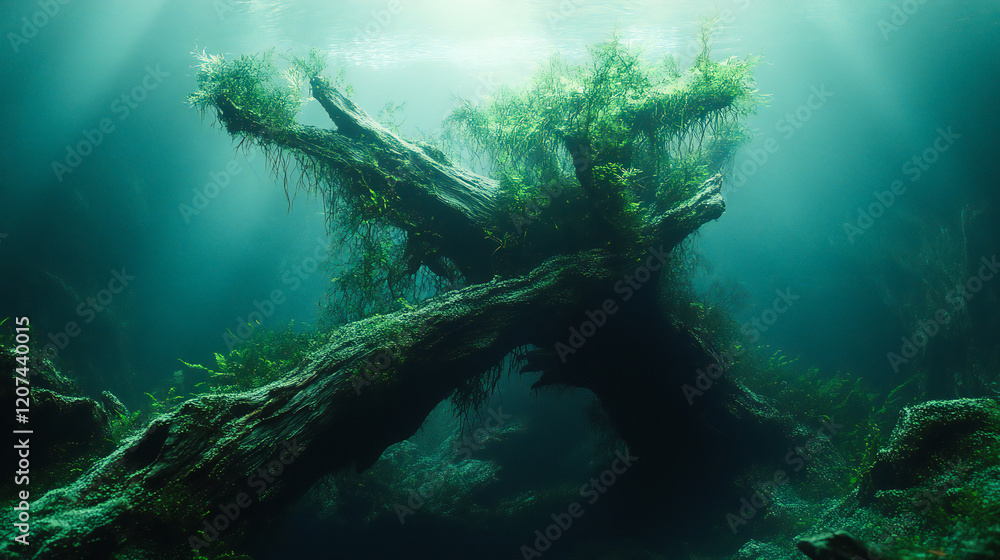 Fototapeta premium Beautifully Designed Aquascape Aquarium with Driftwood, Lush Aquatic Plants, and Unique Submerged Forest Landscape, Creating a Natural and Serene Underwater Environment 