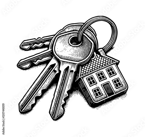 set of keys with a house-shaped keychain engraving black and white outline