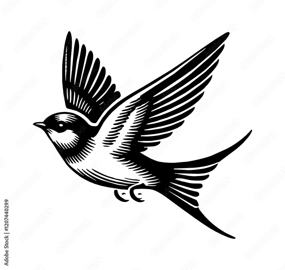 Naklejka premium bird fly engraving black and white outline