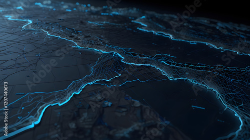 3D visualization of an ocean landscape, with detailed wireframe topographic lines on a dark blue background. The image combines scientific accuracy with digital artistry