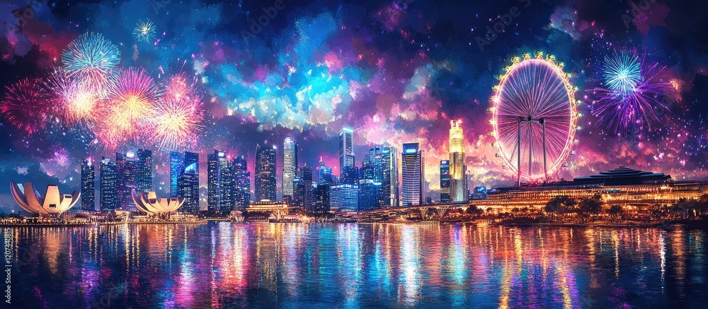 Fototapeta premium A vibrant cityscape with a ferris wheel and fireworks illuminating the night sky.