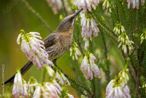 A Cape sugarbird (Promerops cafer) feeding on nectar on a Nine-pin heath or rooiklossieheide (Erica mammosa). Betty's (Bettys) Bay. Whale Coast. Overberg. Western Cape. South Africa. photo