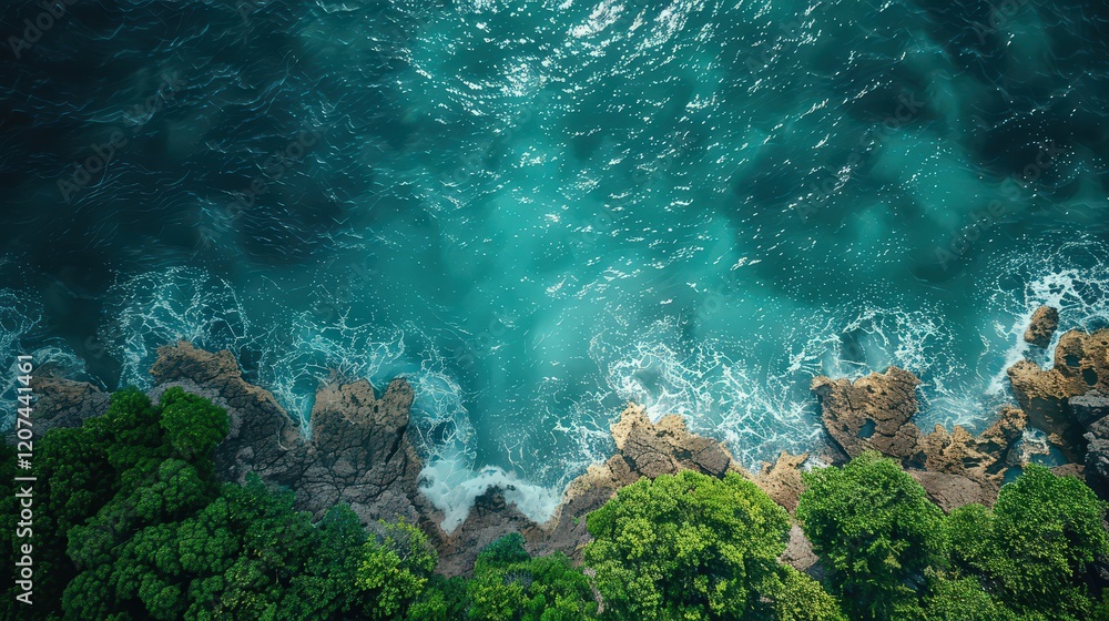 Obraz premium Beautiful top view of the landscape, Clear blue water of the ocean, waves crashing against the mountain,