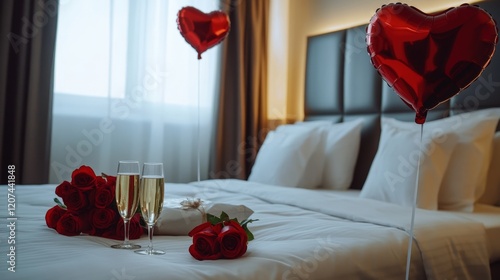 Romantic Bedroom with Heart Shaped Balloons, Wine Glass and Gift Box and Roses for Happy Valentine's Day Celebration.