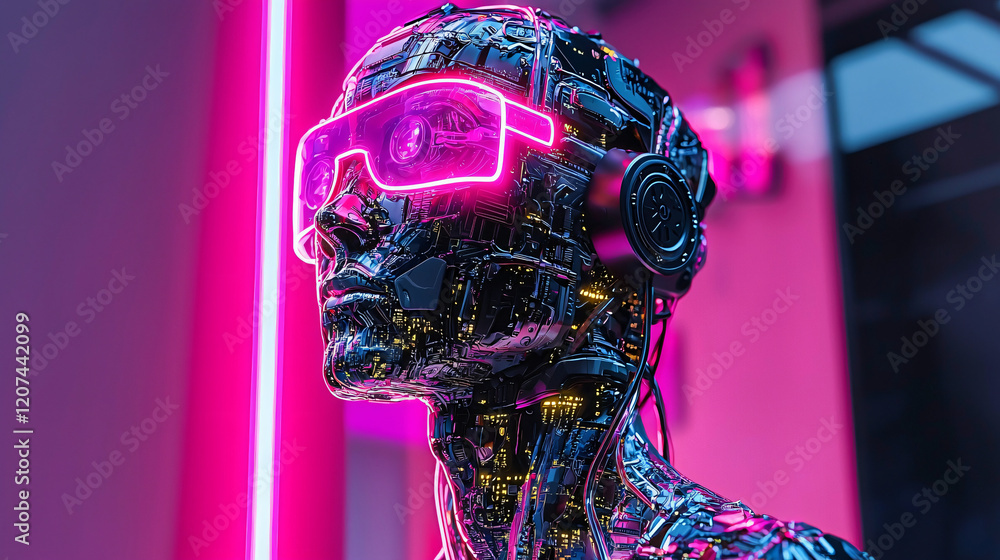 Futuristic humanoid robot with intricate metallic textures, illuminated by cyberpunk-style pink and purple neon lights, in a digital setting. Futuristic humanoid robot with intricate metallic textures, illuminated by cyberpunk-style pink and purple neon lights, in a digital setting.