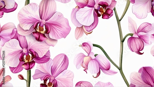 Stunning watercolor Pink Orchids for National Orchid Day or International Orchid Day: Elegant and Vibrant Flowers in a Natural Setting