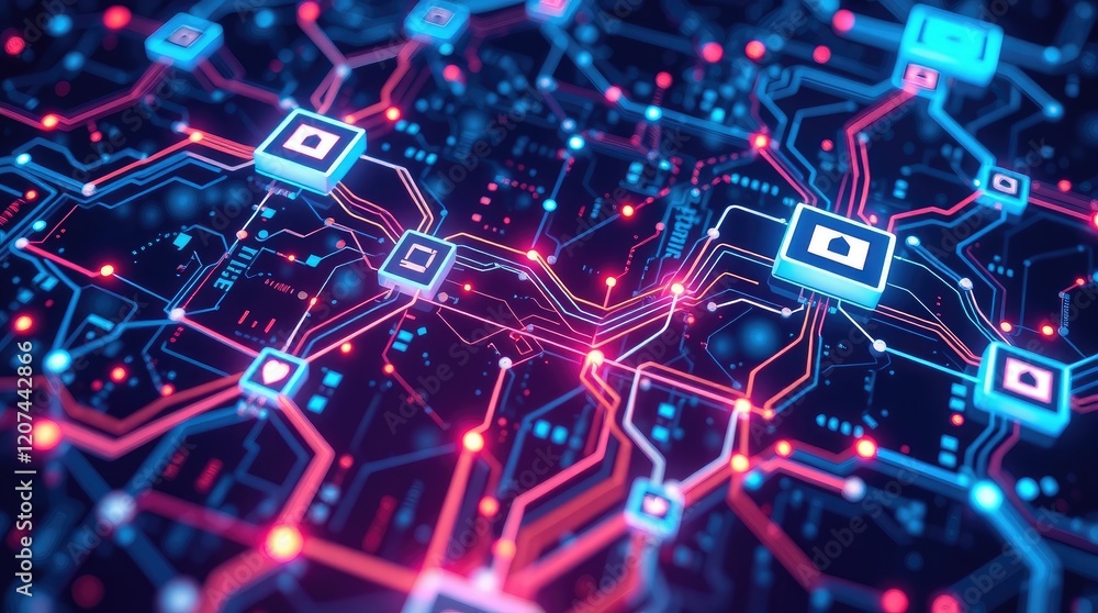 view of a digital background perfect for tech processes, AI, data transfer, and digital storage; top-down perspective with a focus on geometric shapes and data streams view of a digital background perfect for tech processes, AI, data transfer, and digital storage; top-down perspective with a focus on geometric shapes and data streams