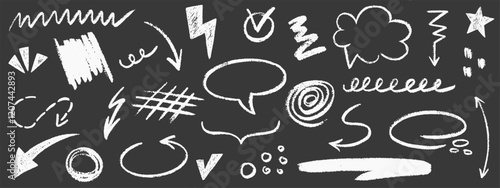 Various arrows, ellipses, punctuation marks, direction pointers, speech bubbles. Elements scribble line brush hand drawn sketch design. Grunge abstract line chalk, crayon pencil style. Vector