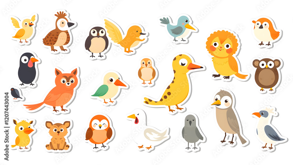 Fototapeta premium Cartoon animal, bird round stickers, avatars. Flat style vector illustrations clipart collection of cute animals characters. Pets, farm, zoo icon set for baby clothes, card, Generative AI