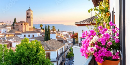 A vibrant view of a picturesque town with blooming flowers, featuring traditional architecture and a serene landscape at sunset.