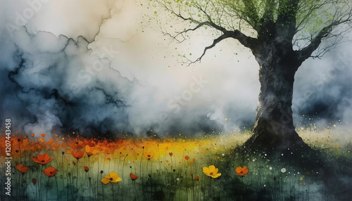 Fototapeta Naklejka Na Ścianę i Meble -  A painting of a solitary tree in the middle of a field of flowers.