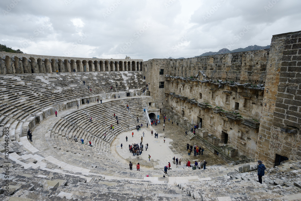 Roman theatre in ancient Greco-Roman city of Aspendos, southern Turkey. Best preserved in the world. Seen from upper gallery