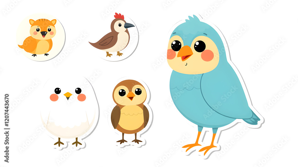 Cartoon animal, bird round stickers, avatars. Flat style vector illustrations clipart collection of cute animals characters. Pets, farm, zoo icon set for baby clothes, card, Generative AI