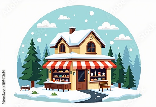 ミニマリストの冬のベーカリーロゴ:2階建てのデザイン、カフェ&書店、フラットスタイル、パステルカラー、影なし、個々の要素、モダン、シンプルなベクターアイコン。