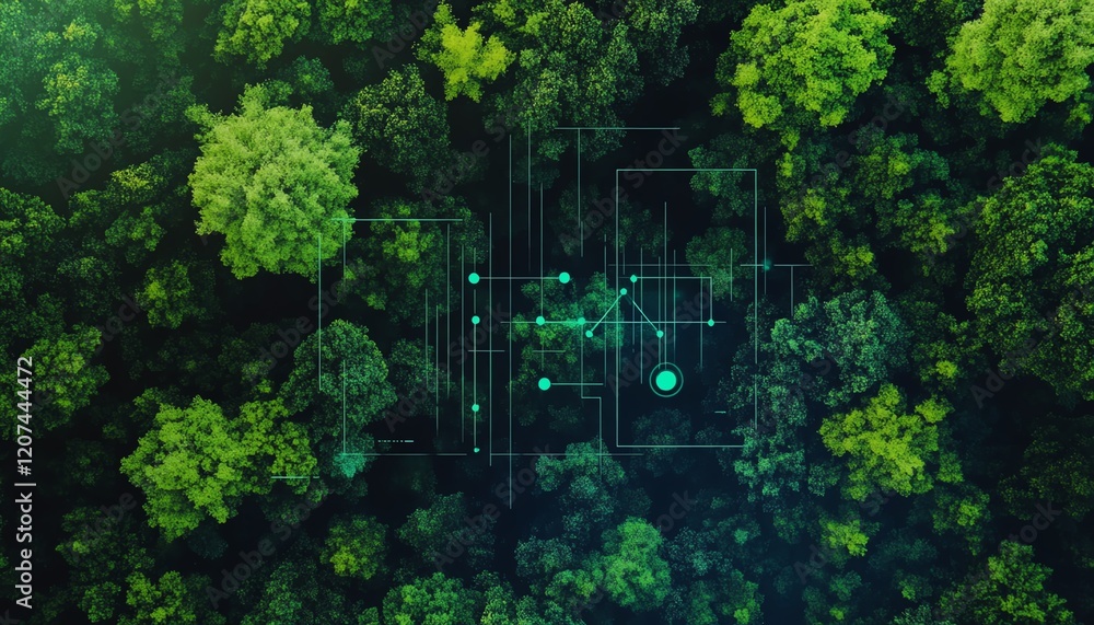 Aerial view of lush forest with overlaid digital network, symbolizing nature and technology connection.  Sustainable technology, environmental monitoring concept.
