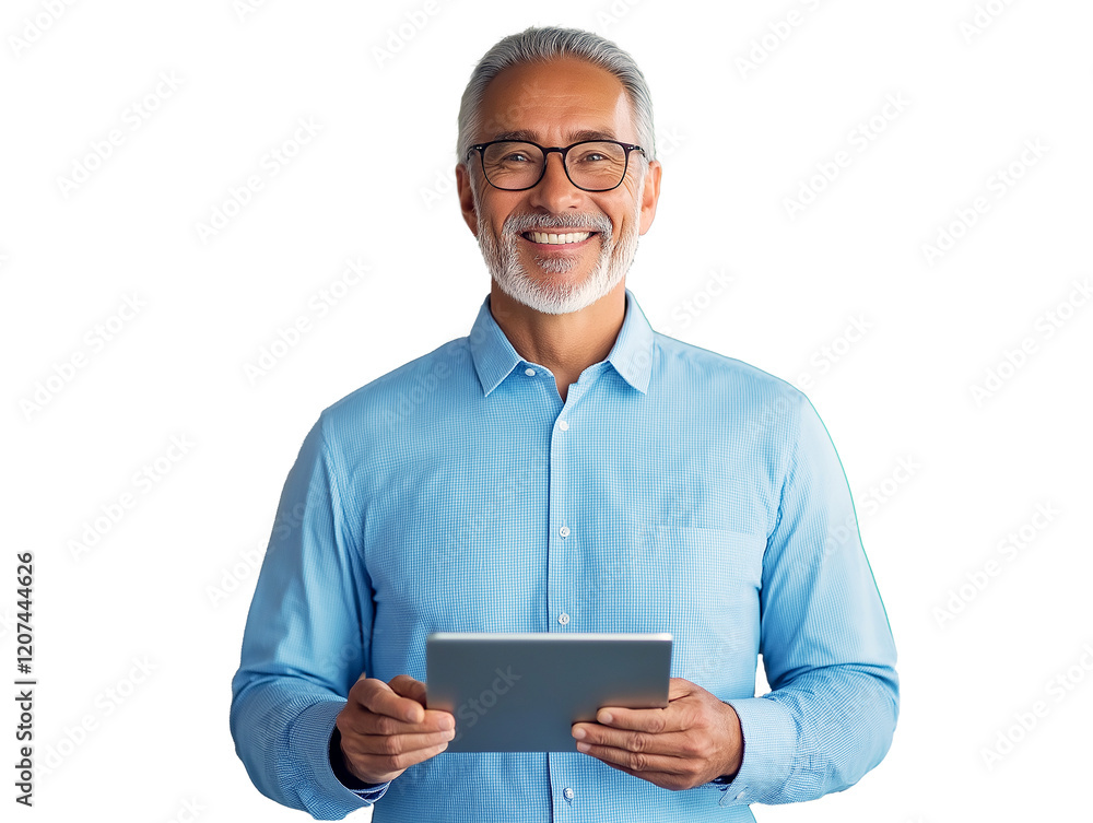 Happy senior gray hair business man ceo dressed in casual blue shirt standing in office using digital tablet, confident mature manager using tablet in modern office Happy senior gray hair business man ceo dressed in casual blue shirt standing in office using digital tablet, confident mature manager using tablet in modern office