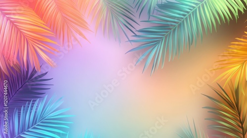 Bold tropical palm leaves radiating with holographic neon gradients, arranged dynamically on a futuristic summer-inspired backdrop with a surreal aesthetic photo