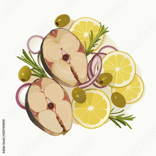 Concept of tasty food smoked mackerel top view vector illustration (2)