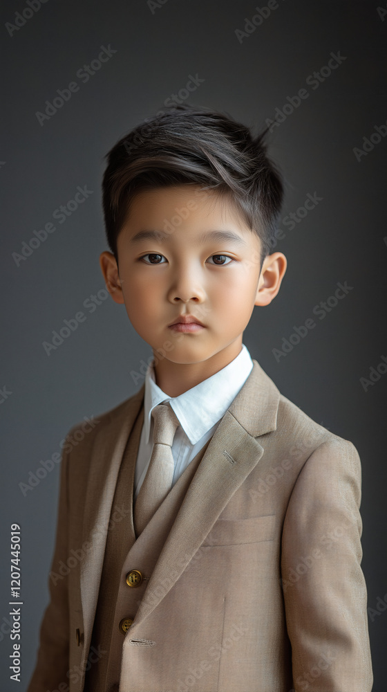 Asian Boy in Formal Suit Standing in Studio with Clean Minimal Background Asian Boy in Formal Suit Standing in Studio with Clean Minimal Background
