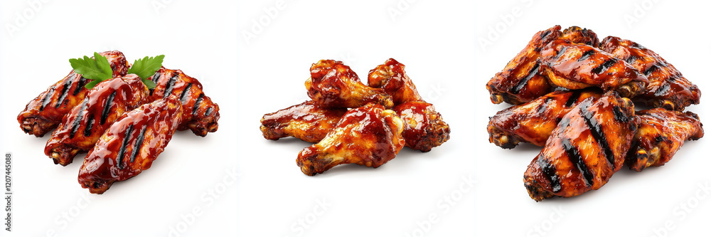 Delicious barbecue chicken wings arranged on white background Delicious barbecue chicken wings arranged on white background