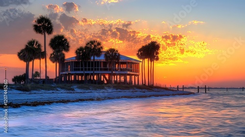 A beautiful beach house in Saint Pete Beach, Florida, sits on the ocean at sunset.  Palm trees surround it.