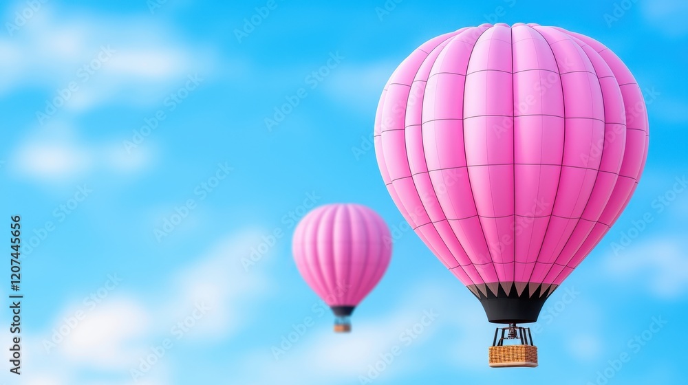 Naklejka premium Two Pink Hot Air Balloons Soaring in a Bright Blue Sky with Fluffy Clouds