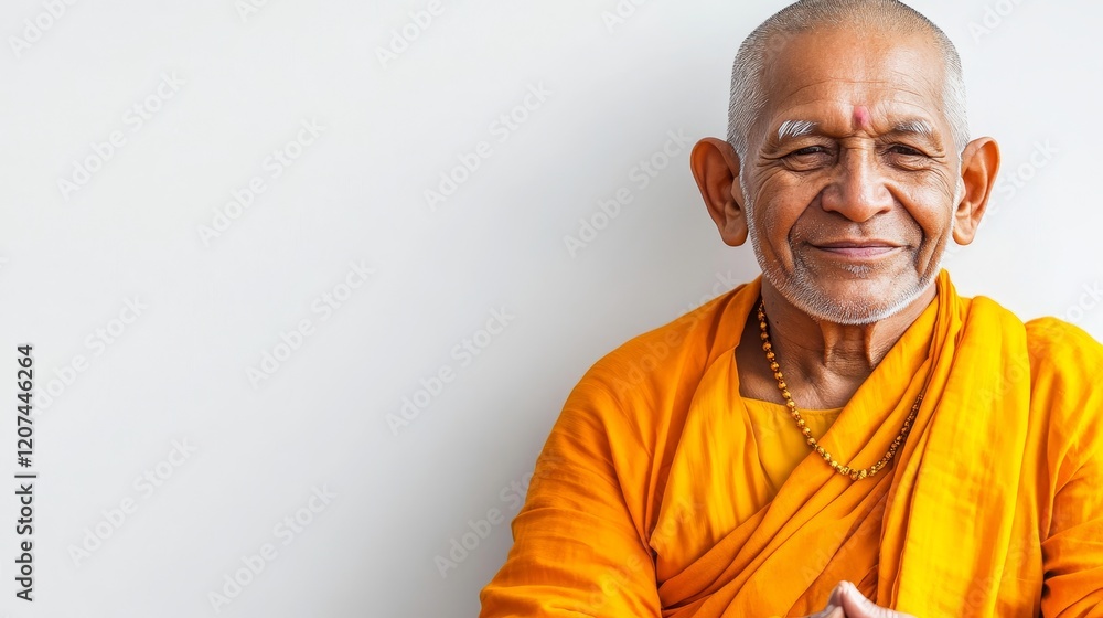 Obraz premium Monk in Traditional Robes Isolated on White Background. Spiritual and Calm Concept, Representation of Meditation, Peace, and Eastern Philosophy.