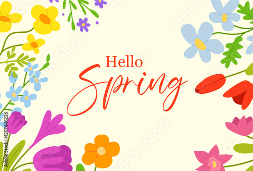 Hello Spring. Poster with flowers. Greeting card, invitation template. Hand drawn vector illustration.