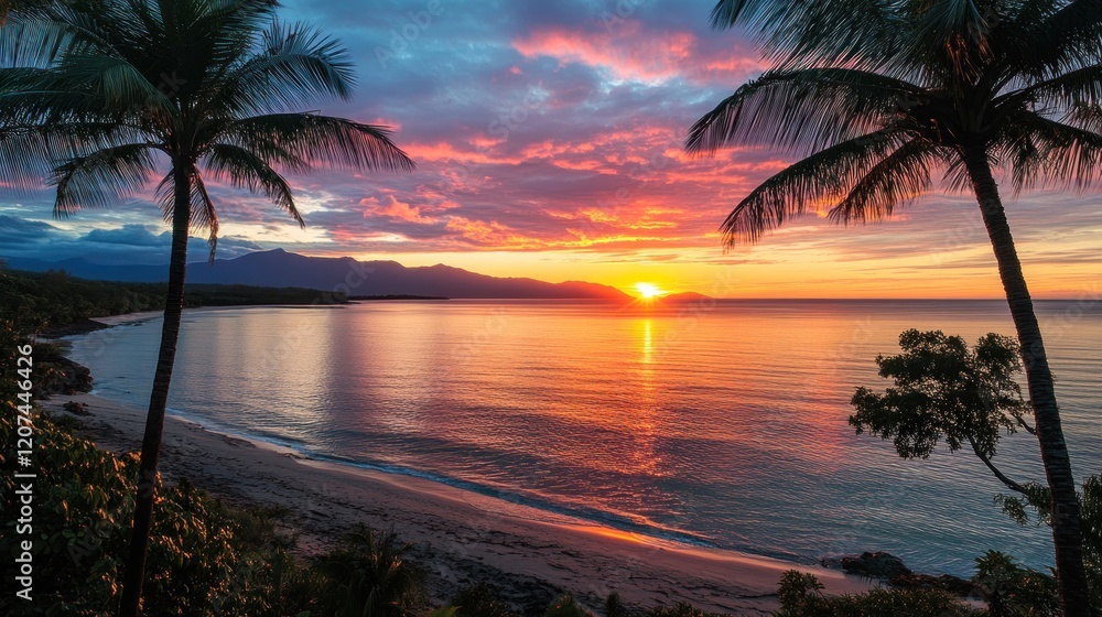 Fototapeta premium Tropical beach sunset, vibrant sky, palm trees, coastal mountains