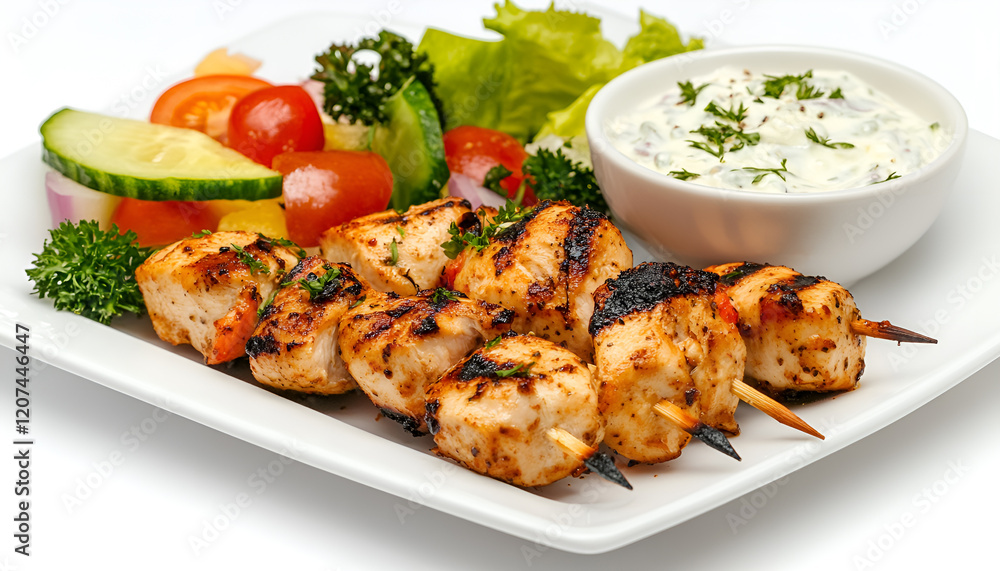Grilled chicken skewers, yougurt sauce and vegetable salad. Roasted souvlaki, greek salad, tzatziki on white background, copy space Grilled chicken skewers, yougurt sauce and vegetable salad. Roasted souvlaki, greek salad, tzatziki on white background, copy space