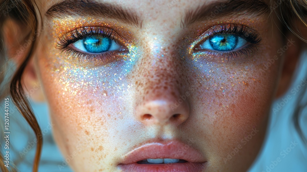 Close-Up of Glitter Makeup on Blue Eyes Close-Up of Glitter Makeup on Blue Eyes
